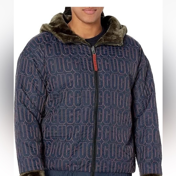 UGG Kairo Logo Reversible Faux Fur Hooded Zip Jacket Burnt Olive Unisex (Sz L) - Picture 3 of 9